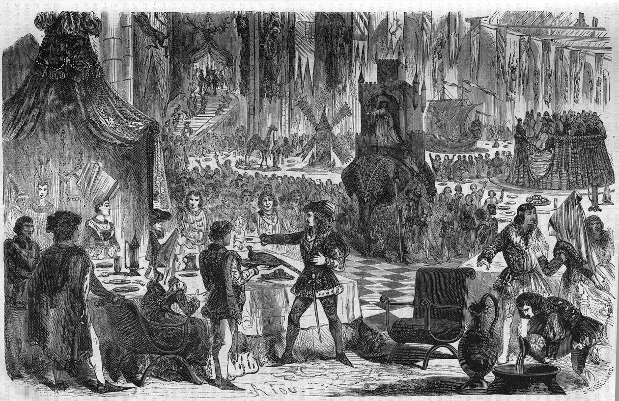 Fasanens önskan. Filip III Le Bon, hertig av Bourgogne (1396-1467) anslöt sig till kejsaren av Konstantinopel den 17 februari 1454 för en bankett på hotellet i Salle de Lille. Gravyr av 1800-talet. av Unknown artist