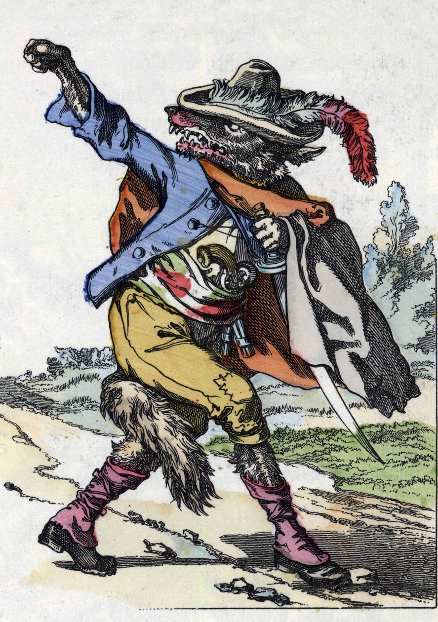 Vargen. Illustration av berättelsen "Compere le Loup, Maitre Renard, Comere la Chevre et ses petits biquets"" efter en fabel av Jean de la Fontaine. I "" Sagor från hemmet för de minsta"". Anonym gravyr från 1800-talet. av Unknown artist