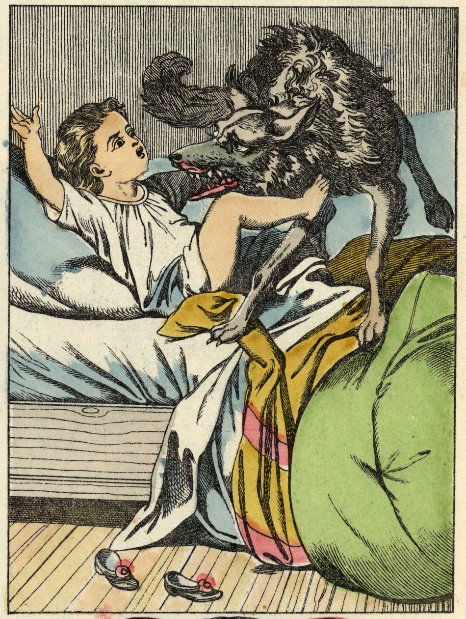 Vargen slår Rödluvan. Illustration av berättelsen "Rödluvan" av Charles Perrault av Unknown artist