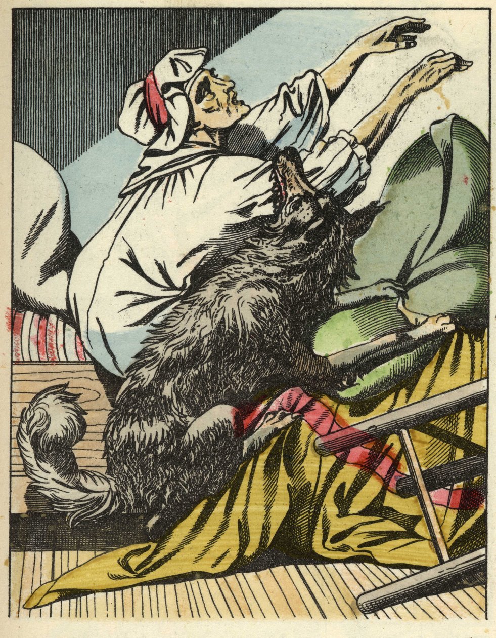 Vargen slår Rödluvans mormor. Illustration av berättelsen "Rödluvan" av Charles Perrault av Unknown artist