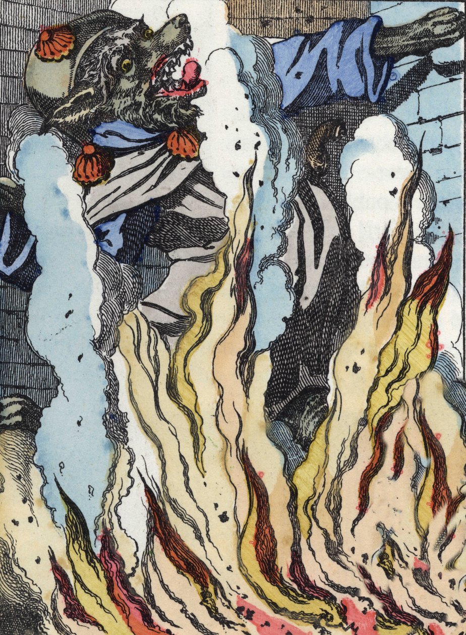 Vargen faller in i skorstenens eld. Illustration av berättelsen "Compere le Loup, Maitre Renard, Comere la Chevre et ses petits biquets"" efter en fabel av Jean de la Fontaine. I "" Sagor från hemmet för de minsta"". Anonym gravyr av th av Unknown artist