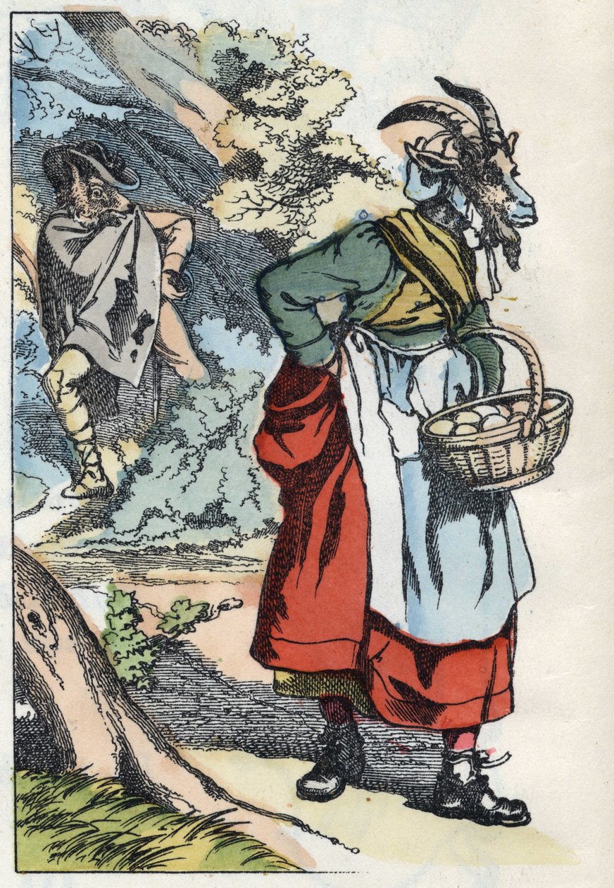 Vargen letar efter geten som lämnar sitt hem. Illustration av berättelsen "Compere le Loup, Maitre Renard, Comere la Chevre et ses petits biquets"" efter en fabel av Jean de la Fontaine. I "" Sagor från hemmet för de minsta"". Anonym gravyr av Unknown artist