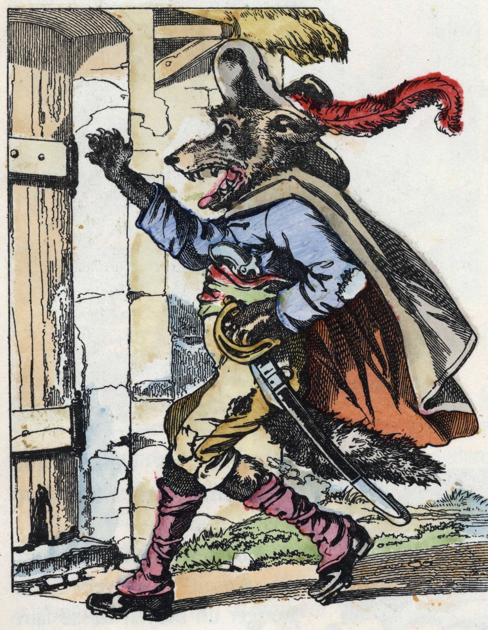 Vargen knackar på dörren till bikethuset. Illustration av berättelsen "Compere le Loup, Maitre Renard, Comere la Chevre et ses petits biquets"" efter en fabel av Jean de la Fontaine. I "" Sagor från hemmet för de minsta"". Anonym gravyr o av Unknown artist