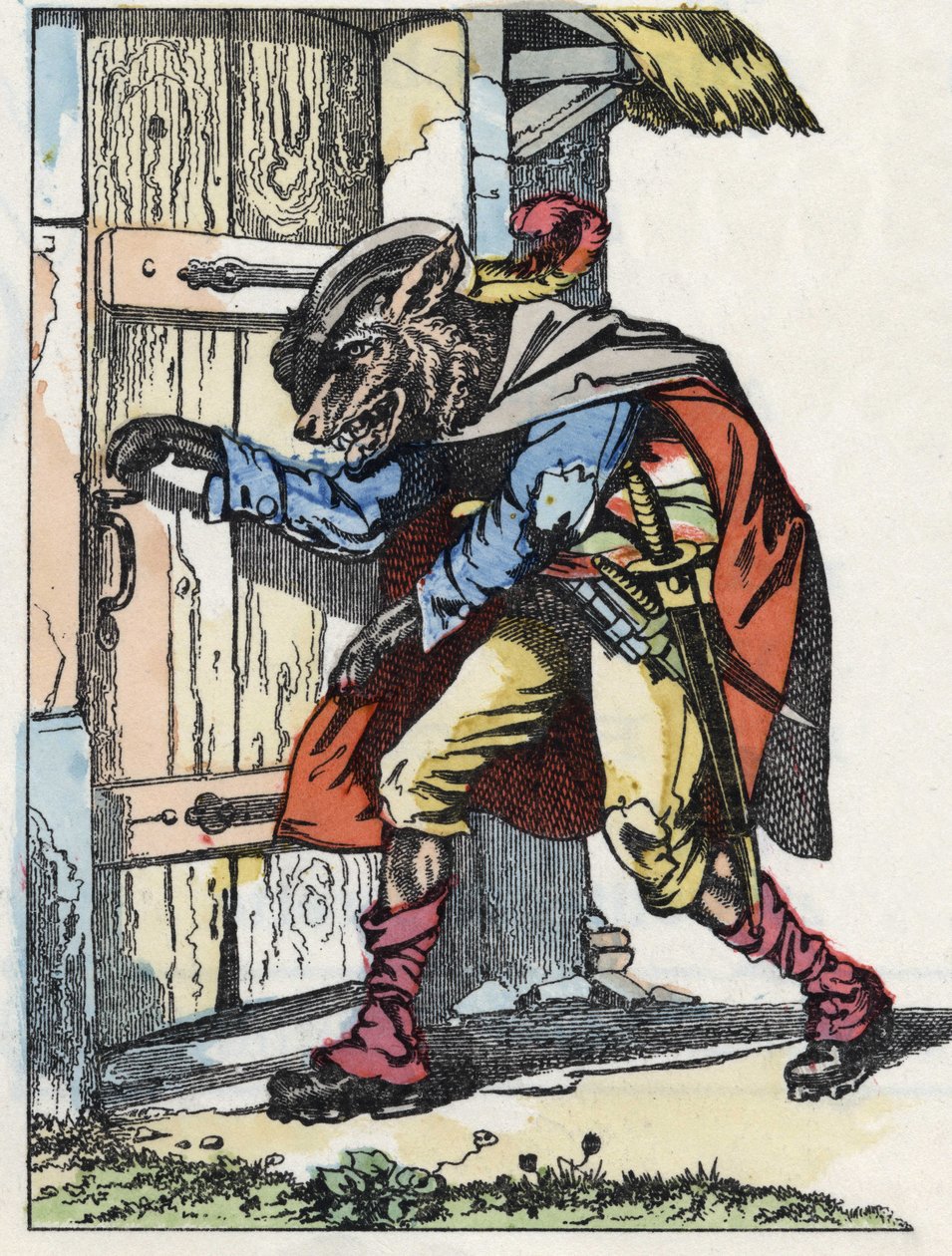 Vargen knackar på dörren till bikethuset. Illustration av berättelsen "Compere le Loup, Maitre Renard, Comere la Chevre et ses petits biquets"" efter en fabel av Jean de la Fontaine. I "" Sagor från hemmet för de minsta"". Anonym gravyr o av Unknown artist