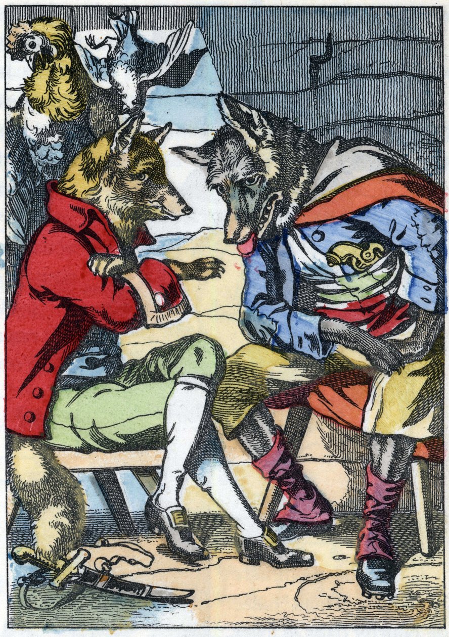 Vargen möter räven igen. Illustration av berättelsen "Compere le Loup, Maitre Renard, Comere la Chevre et ses petits biquets"" efter en fabel av Jean de la Fontaine. I "" Sagor från hemmet för de minsta"". Anonym gravyr från 1800-talet. av Unknown artist
