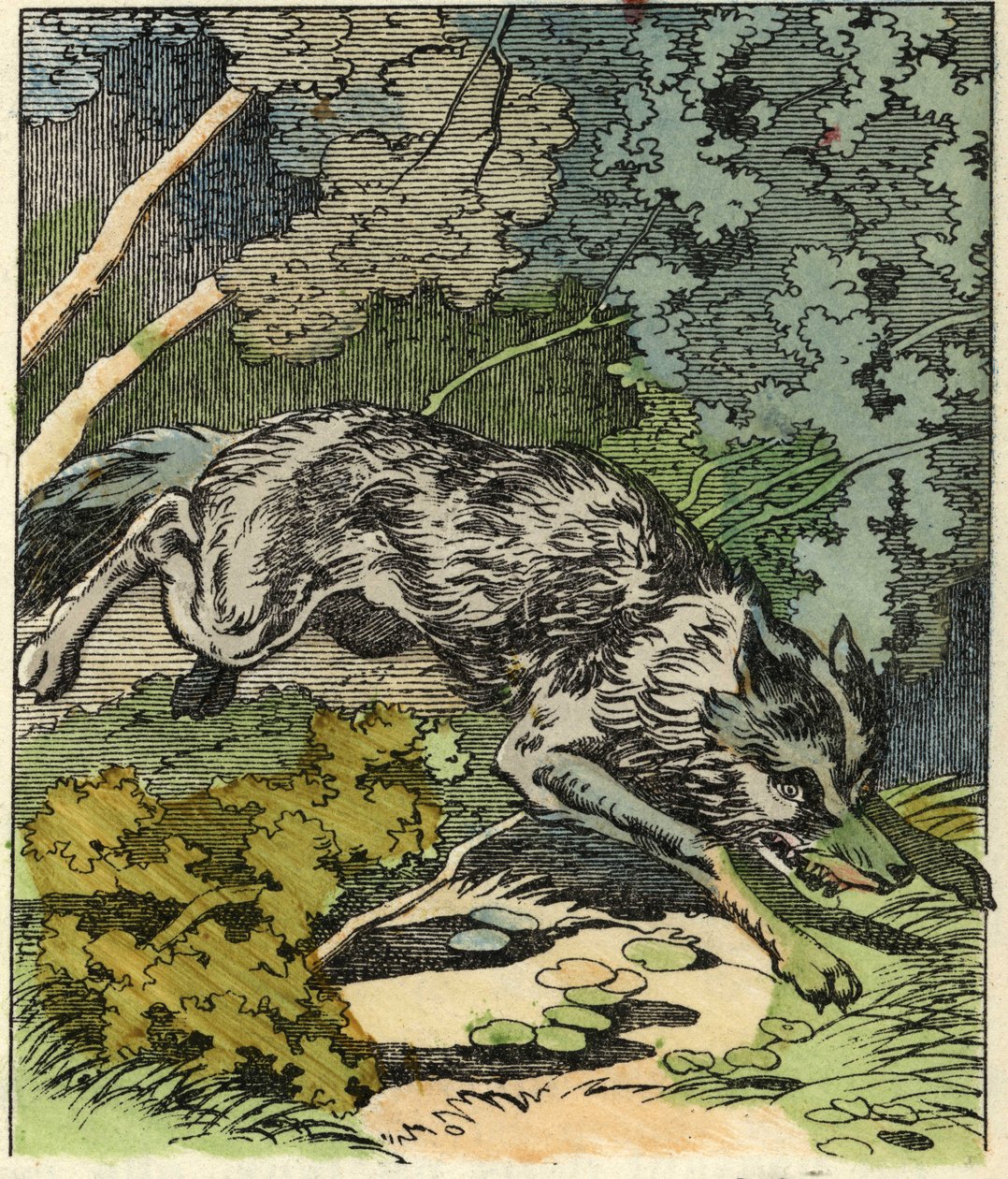 Vargen springer till mormors hus. Illustration av berättelsen "Rödluvan" av Charles Perrault av Unknown artist