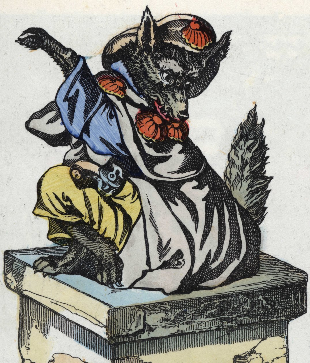 Vargen sitter på skorstenen. Illustration av berättelsen "Compere le Loup, Maitre Renard, Comere la Chevre et ses petits biquets"" efter en fabel av Jean de la Fontaine. I "" Sagor från hemmet för de minsta"". Anonym gravyr från 1800-talet. av Unknown artist