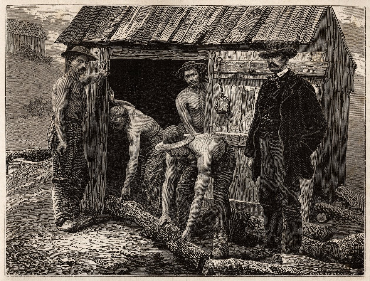Montchanins träarbetare kastade dem i brunnen; i kostym övervakar gruvans chefsingenjör manövrarna. Gravyr för att illustrera en resa till Creusot och gruvorna i Saone och Loire, 1865, av L. Simonin, i "" Le av Unknown artist