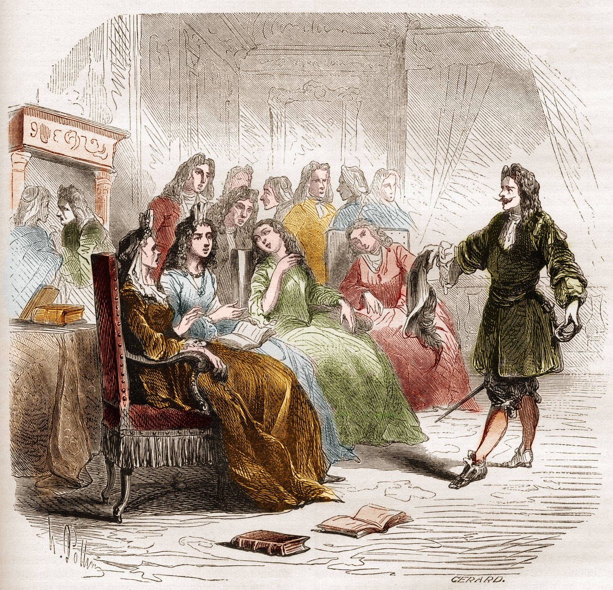 Författaren Georges de Scudery (1598-1667) under en litterär salong anordnad av hans syster, Madeleine de Scudery, 1650. Gravyr från 1860-1861. av Unknown artist