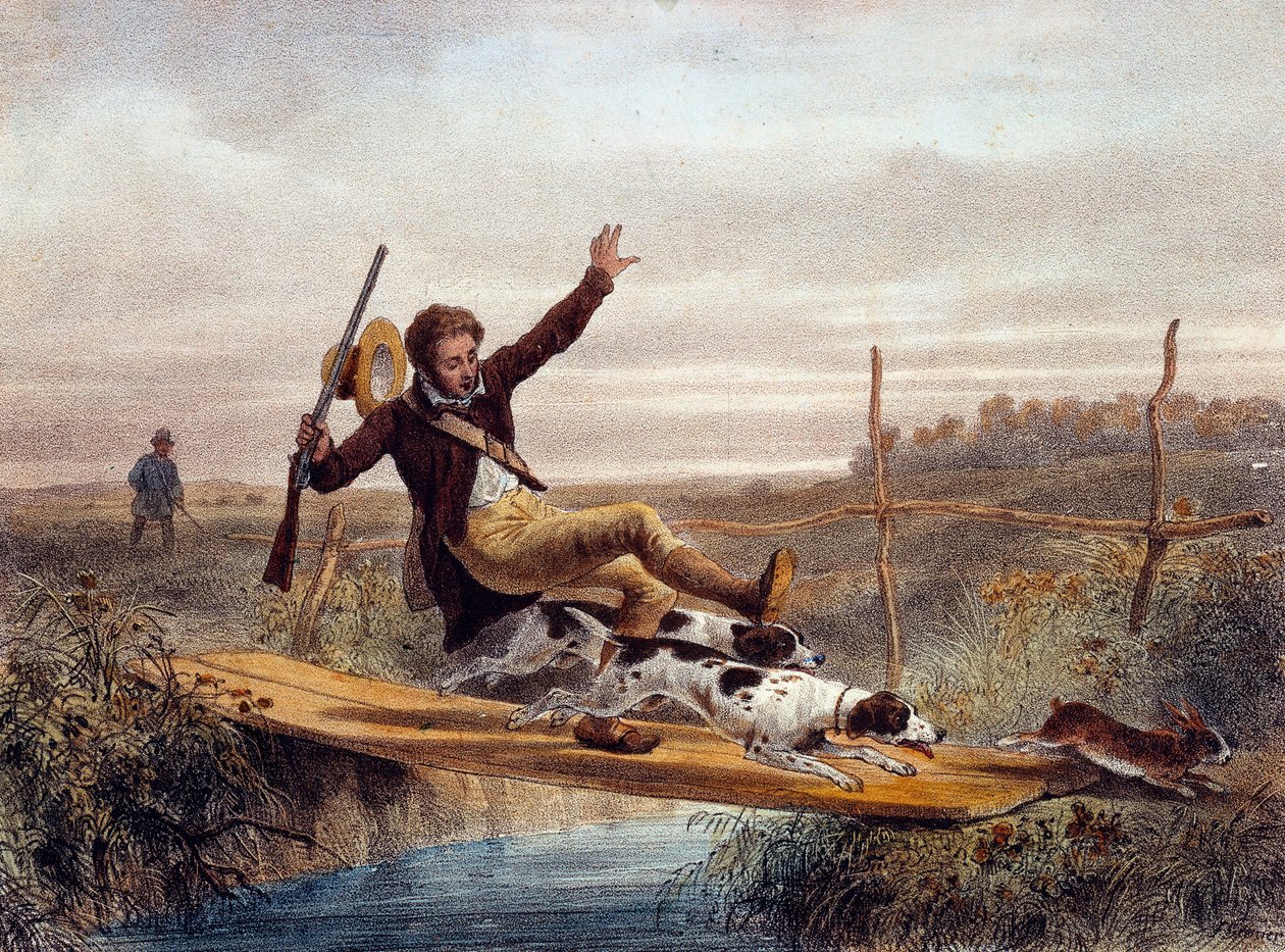 Fel steg. En jägare faller från en liten bro, knuffas av hundar som springer en hare. Gravyr av 1800-talet. Gien, Jaktmuseum av Unknown artist