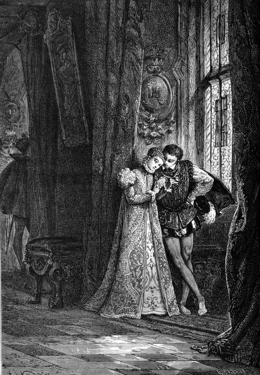 De unga fästmöarna Marie Iere Stuart (1542 - 1587) och Francois II (1544 - 1560) gillade att sätta sig åt sidan för att skapa förtroende. Gravyr av 1800-talet. av Unknown artist