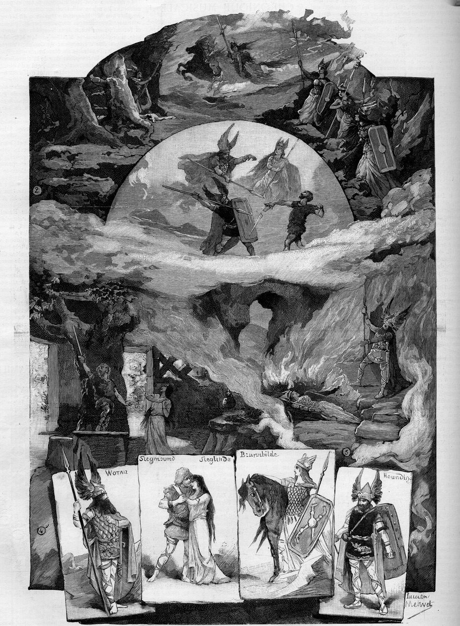 Teaterstycket "" Die Walkure"" (Valkyrian), drama av Richard Wagner (1813-1883) representerar på Théâtre de la Monnaie i Bryssel. Gravyr i ""The illustrious world"" av Unknown artist