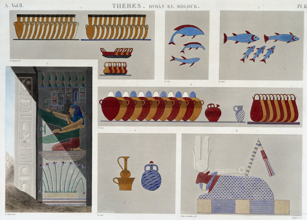Thebe: Bybân el Molouk. pl 87: Målningar av kungars 5:e grav i öster, 7:e basrelief från ingången till samma grav i "" Egyptian Antiquites"", sd. 1800-talet av Unknown artist