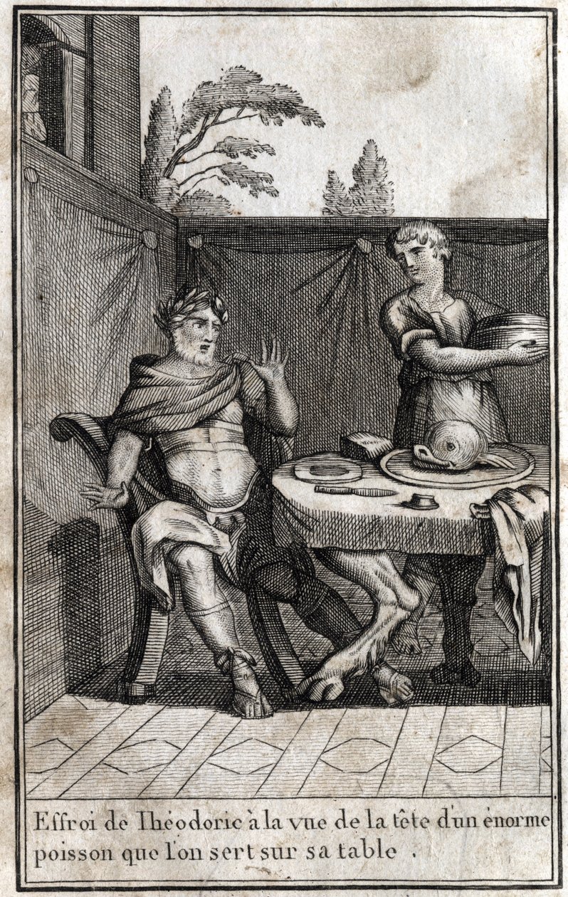 Theodorik den store (ca 454/455-526), kung av goterna, blir rädd vid åsynen av huvudet av en enorm fisk som serverar på hans bord. Gravyr i "Beaute de l