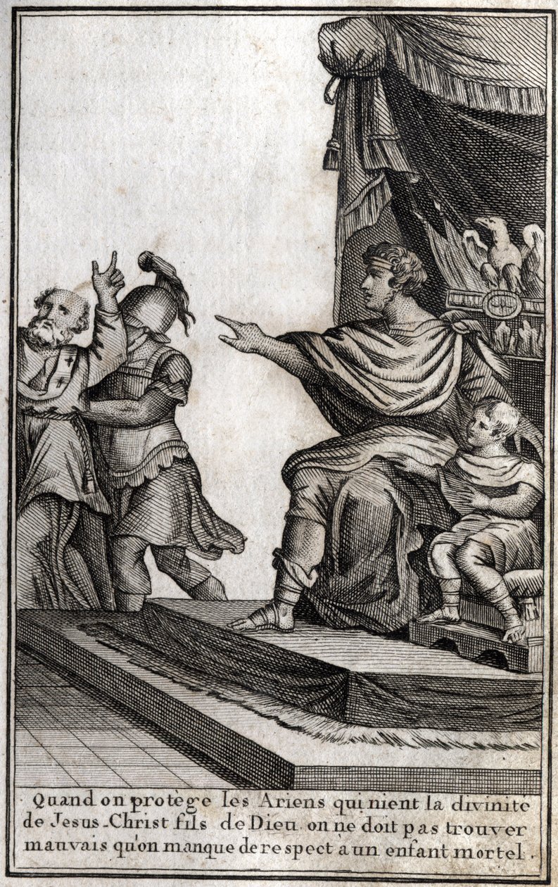 Theodosius I (Flavius Theodosius) (347-395), romersk kejsare, lät arrestera Amphiloque, eveque av Icone, för bristande respekt för sin son, Arcadius (377-408). Kvällen förklarar "När vi skyddar arianerna som förnekar Jesu Kristi gudomlighet, Guds son, måst av Unknown artist