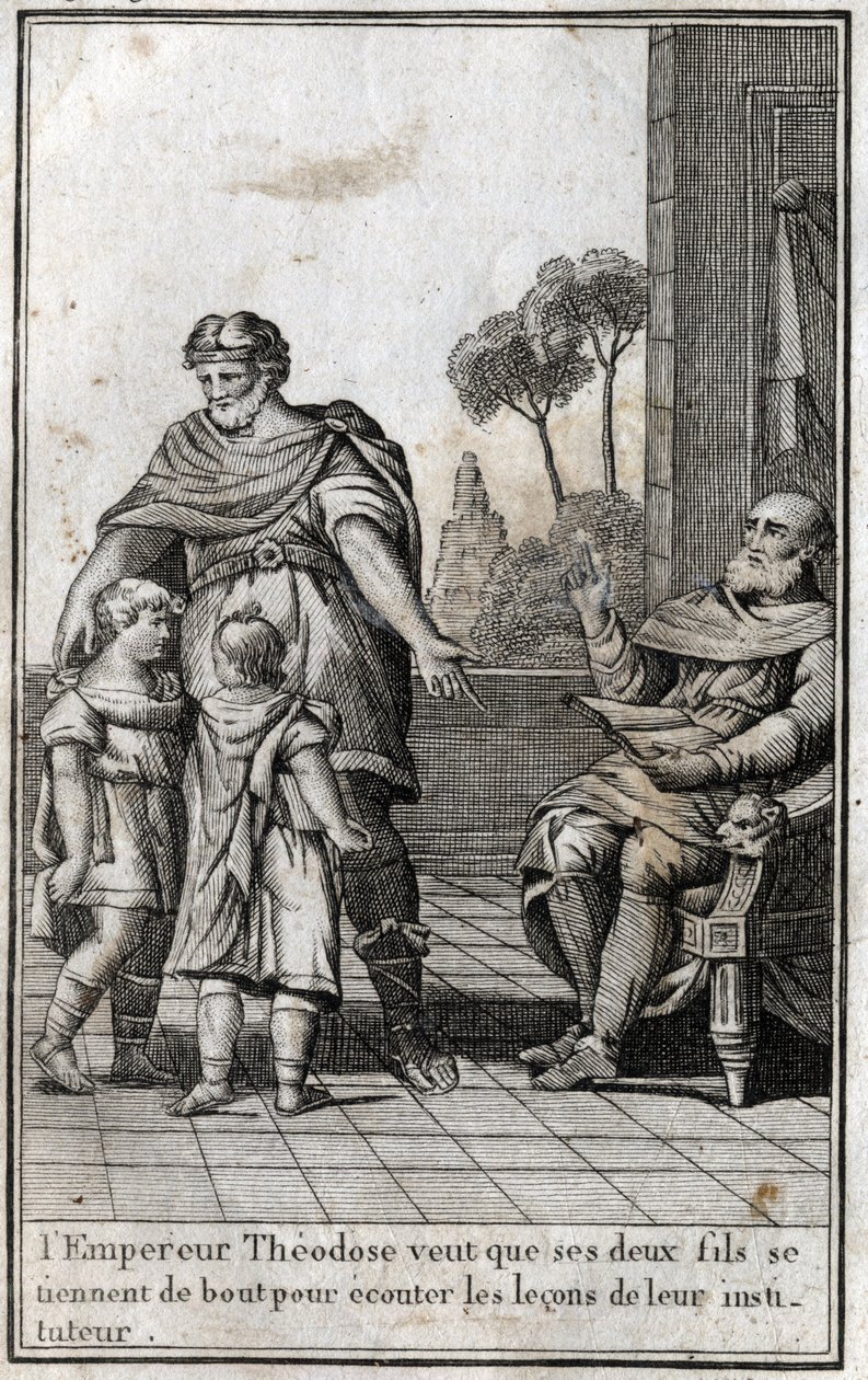 Theodosius I (Flavius Theodosius) (347-395), romersk kejsare, vill att hans två söner, Arcadius (377-408) och Honorius (384-423), ska stå upp för att lyssna på deras lärares lektioner. 4:e århundradet. Gravyr i "Beaute de l