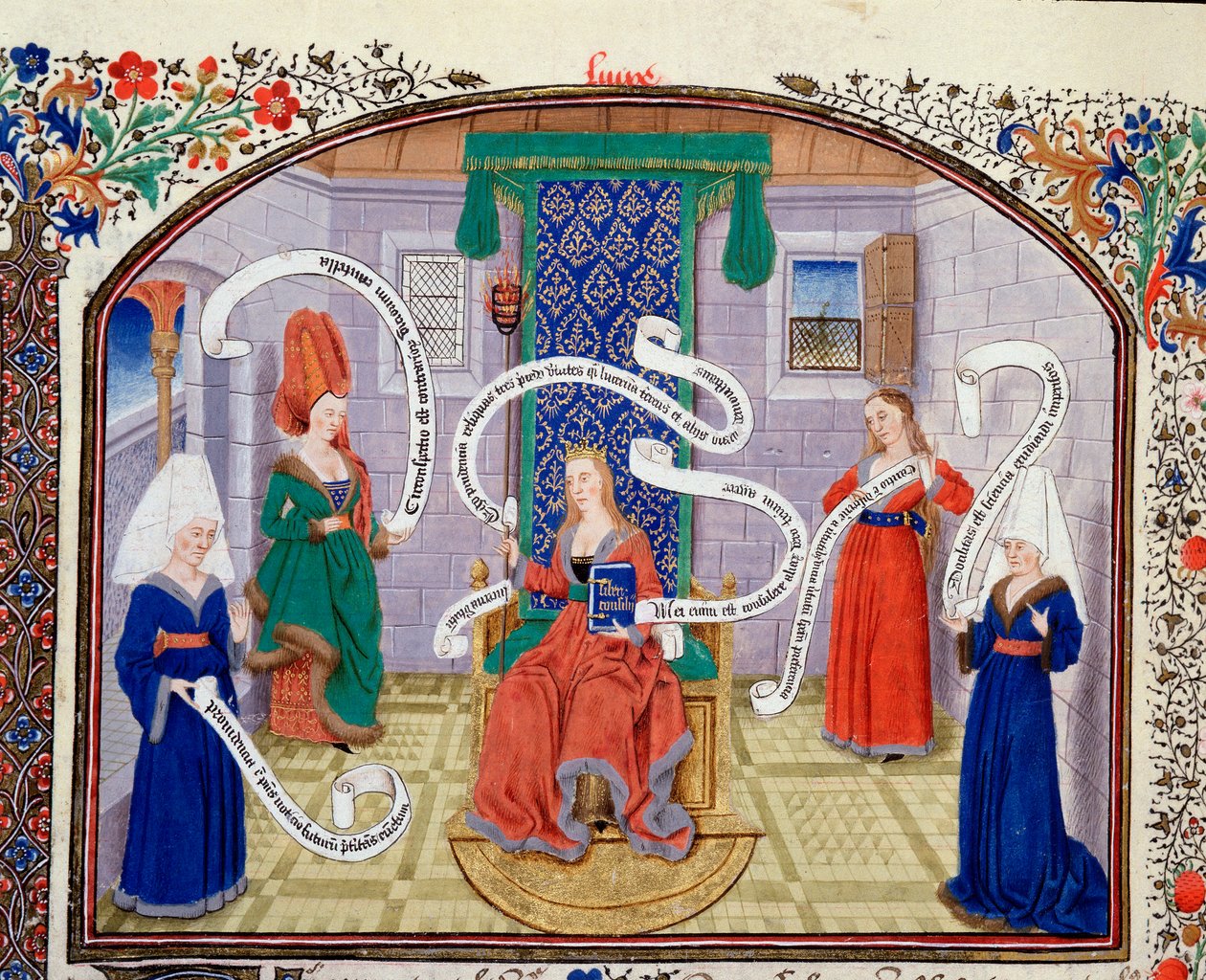 Teori om intellektuella dygder. Texterna är skrivna i phylacteres. Miniatyr från manuskriptet (Ms 927 Fol.93v) "" Commentary on Political and Economic Ethics"" av den grekiske filosofen Aristoteles (383-322 f.Kr.) översatt av Nicolas Oresme (1325-1382) av Unknown artist