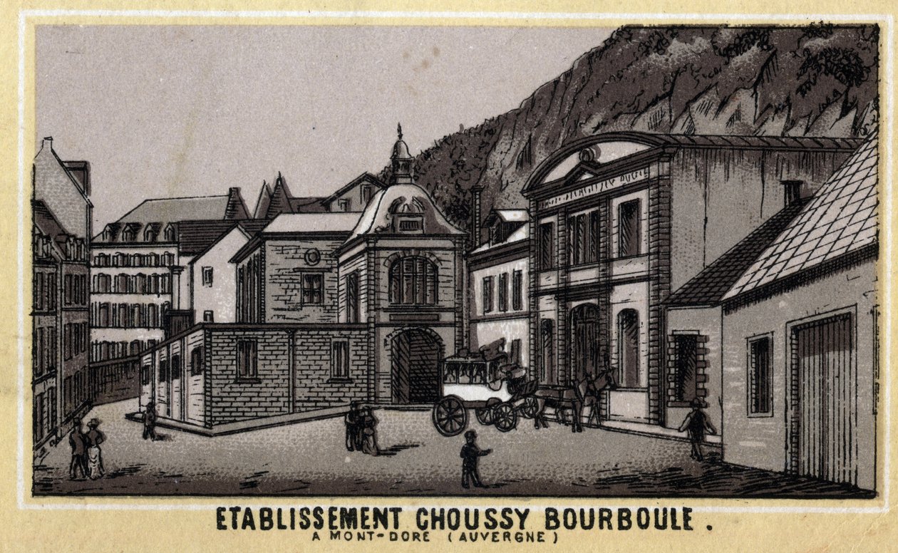 Termiska anläggningar i Choussy a Bourboule i Monts Dore-massivet, i departementet Puy-de-Dome i Auvergne. Kromolitografi från slutet av 1800-talet. av Unknown artist