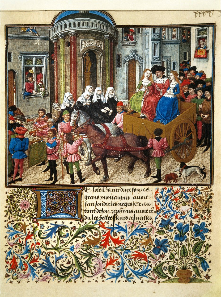 Dessa är en Athens-miniatyr från ett franskt manuskript av "" Teseida från Emilias bröllop "" av Giovanni Boccaccio (Boccace) (1313-1375) av Unknown artist
