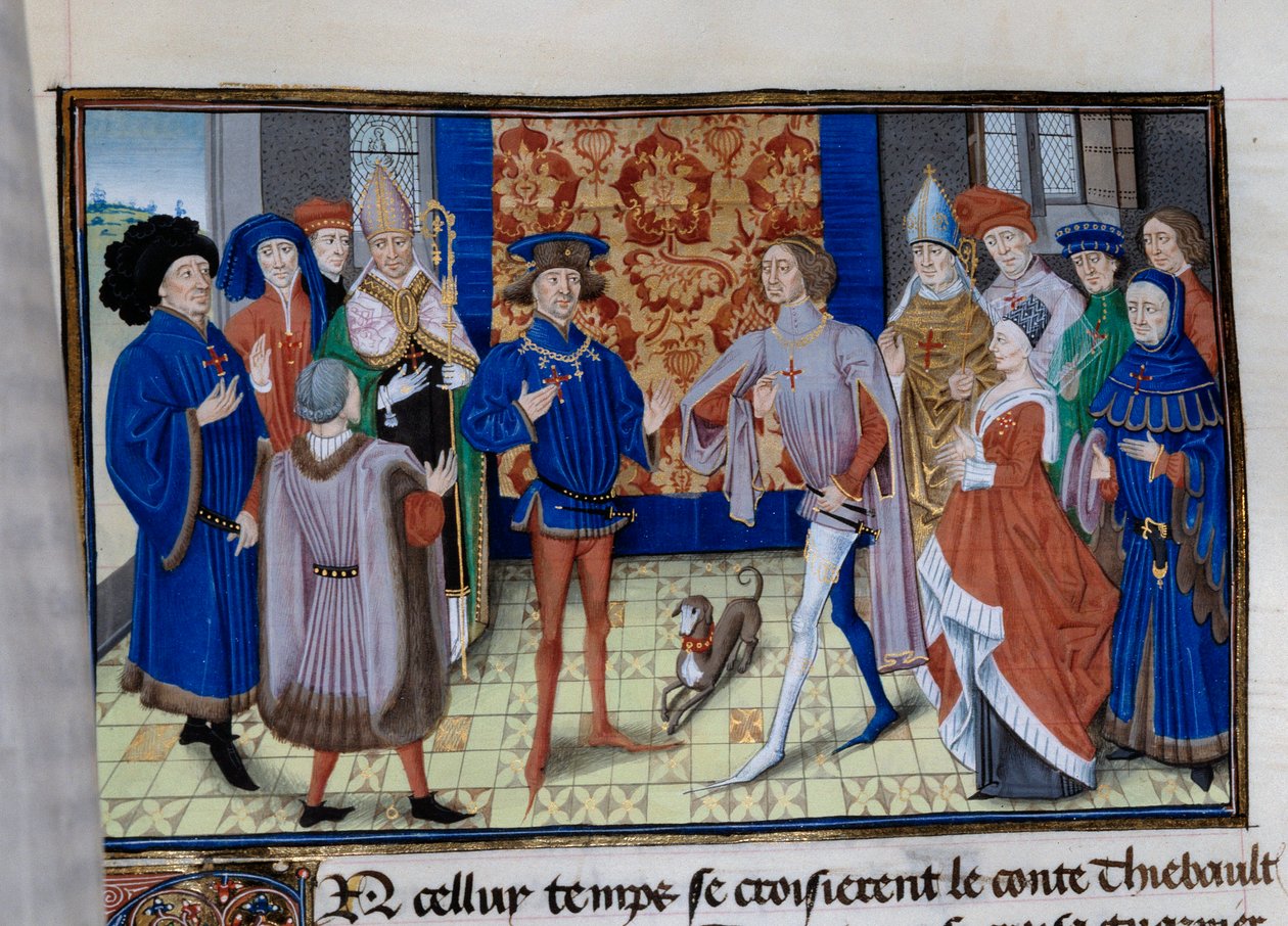 Thibaut III av Champagne (1179-1201), Ludvig (död 1205), greve av Blois och Chartres, och Baudouin IX av Flandern (eller Baudouin VI av Hainaut), känd som Baudouin I av Konstantinopel (1171-1206), möts. Miniatyr i "" Chronicle du temps de Herode Antipas""" av Unknown artist