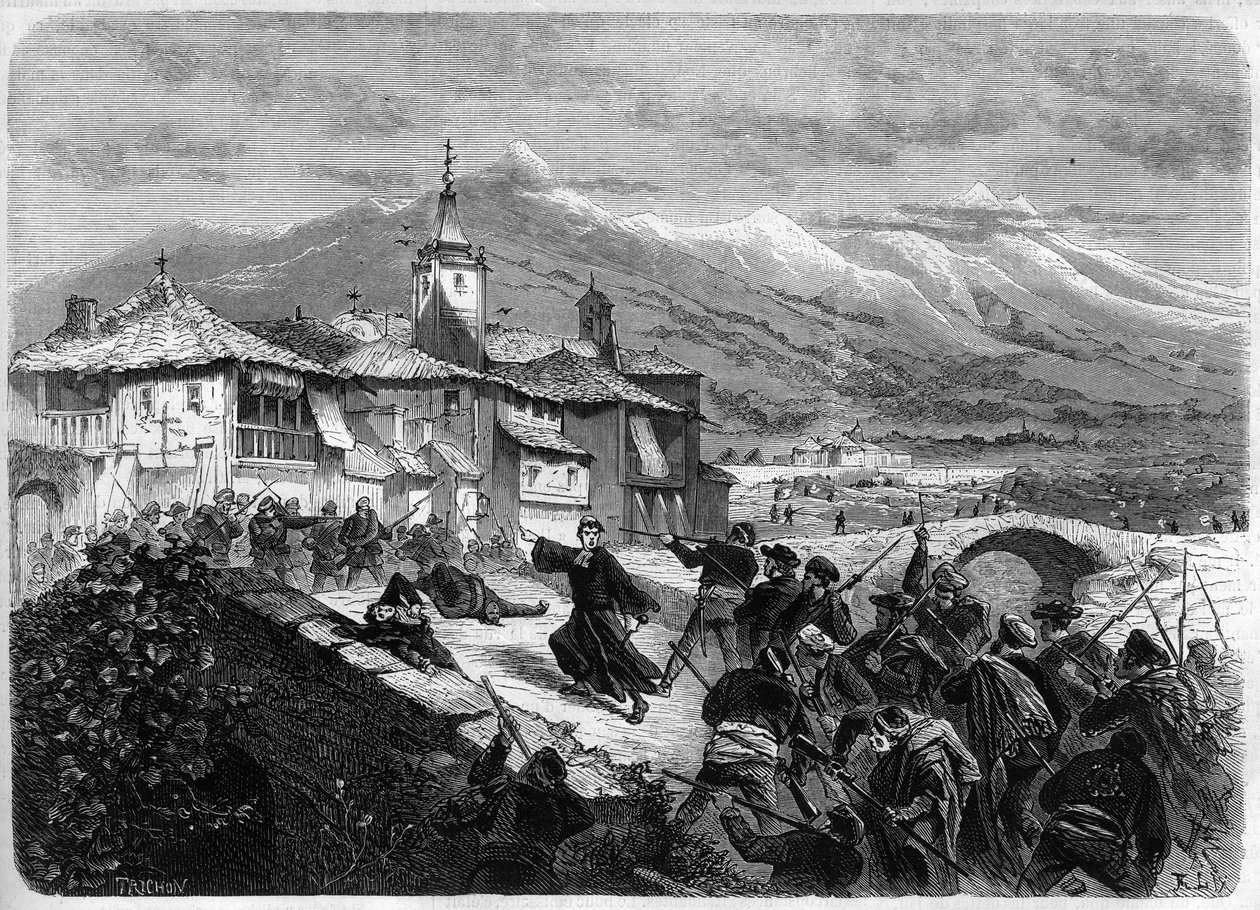 Tredje Carlistkriget (1872-1876): Strid mellan regeringstrupper och ett Carlist-band i Navarra, Spanien. Gravyr i "" L