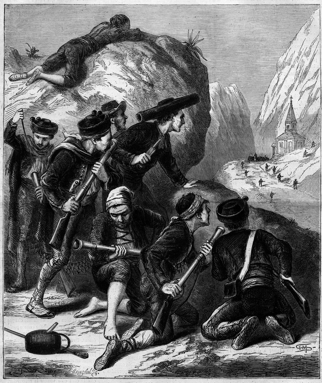 Tredje Carlistkriget (1872-1876): ett Carlistiskt bakhåll i Navarra. av Unknown artist