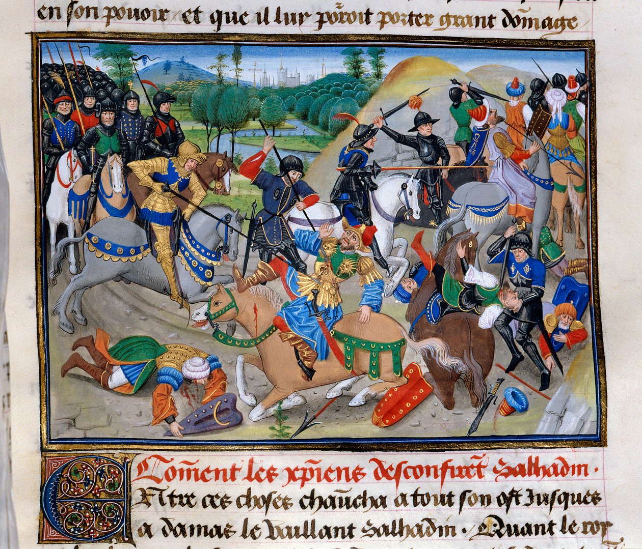 Tredje korståget: "Hur de kristna bekräftar Saladin"" Saladin (1138-1193) (Salah al Din Yusuf al-Ayyubi (al Ayyubi) besegrades av korstågen omkring 1191. Miniatyr från "" Chronicle abregee"" av David Aubert av Unknown artist