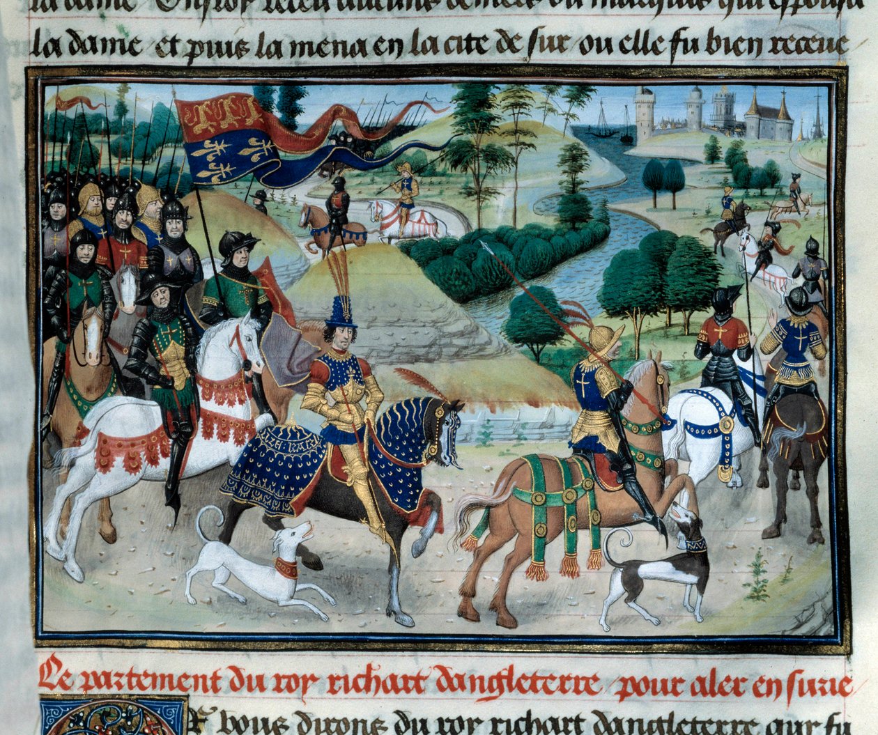 Tredje korståget: Richard Lion Heart (eller Richard I av England (1157-1199) seglade i juni 1191 till det heliga landet vid Cyperns avgång Miniature hämtad från "Chronicles of Emperors"" av Loyset Liedet (1420-1479) 1400-talet. Paris, Arsenals bibliotek av Unknown artist