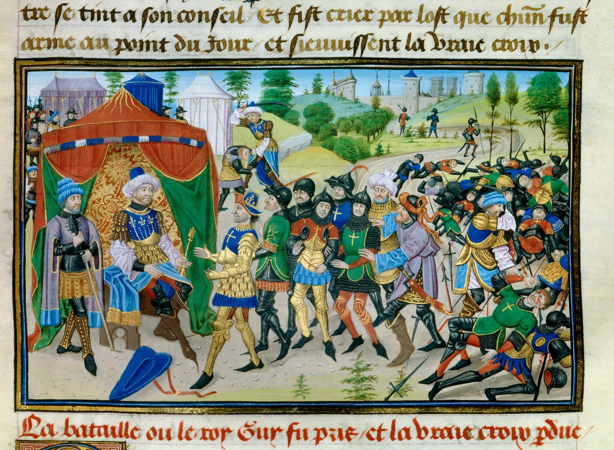Tredje korståget: förlusten av det sanna korset under slaget vid Hattin den 4 juli 1187, miniatyr från "" Chronicle abregee"" av David Aubert, ca 1450 av Unknown artist