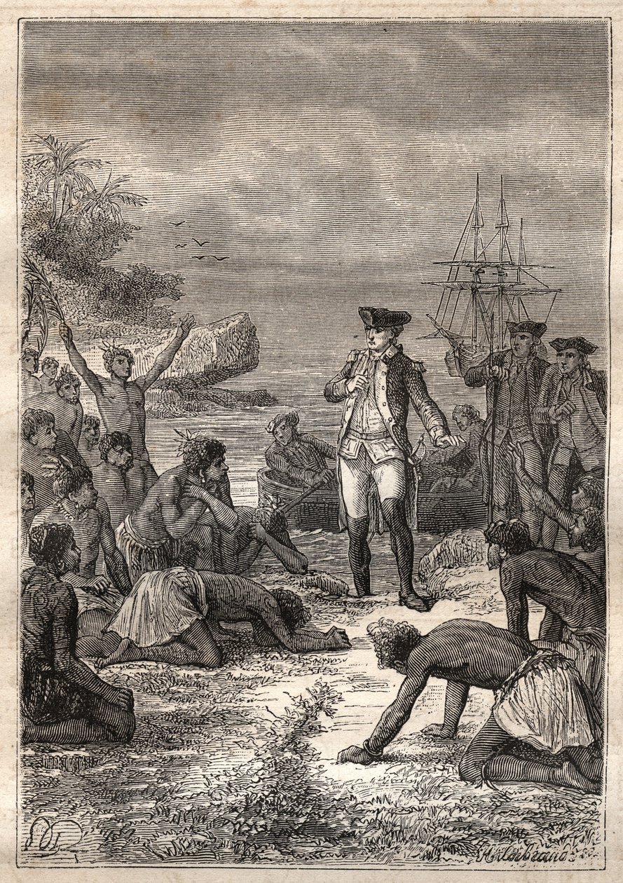 Tredje resan (1776-1779) av kapten James Cook (1728-1779): Cook välkomnas av de infödda (Hawaii) - illustration hämtad från "The Great Mariners of the 18th century" av Unknown artist