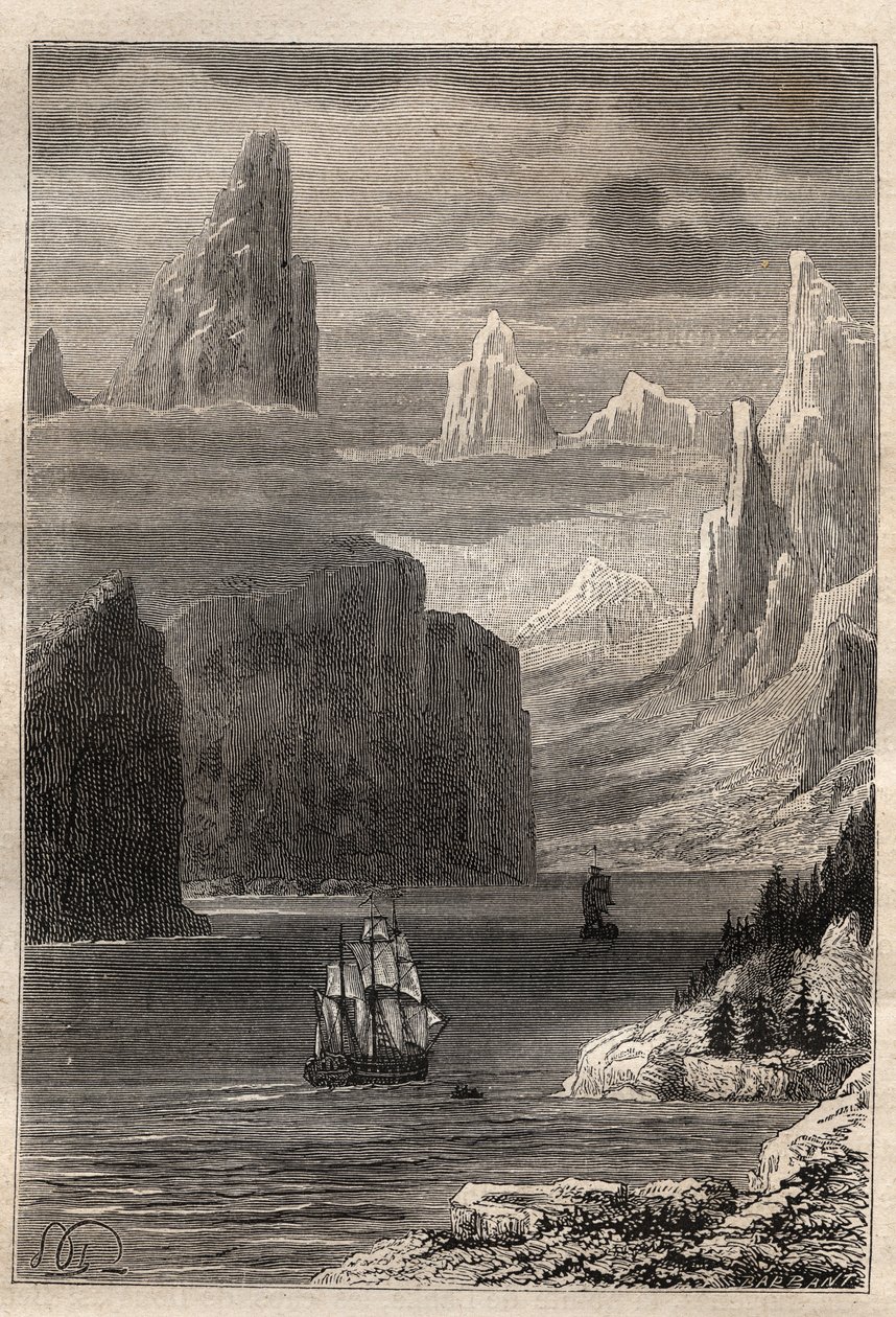 Tredje resan (1776-1779) av kapten James Cook (1728-1779): Prins Williams inträde (Prince William) (Alaska) - illustration hämtad från "The Great Mariners of the 18th century"" av Unknown artist
