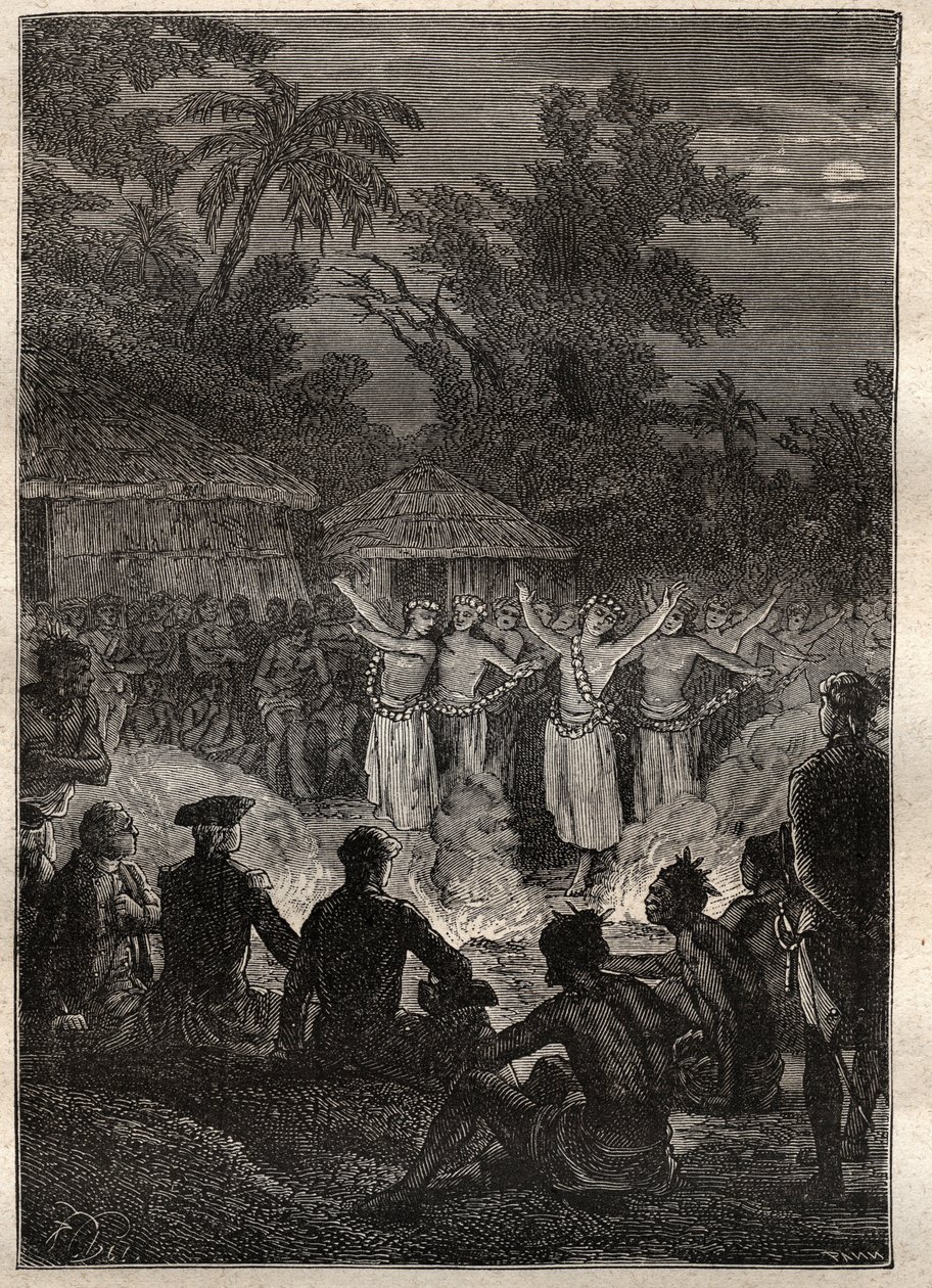Tredje resan (1776-1779) av kapten James Cook (1728-1779): en fest på vännernas öar (Kingdom of Tonga, Polynesien) - illustration hämtad från "The Great Mariners of the 18th century"" av Unknown artist