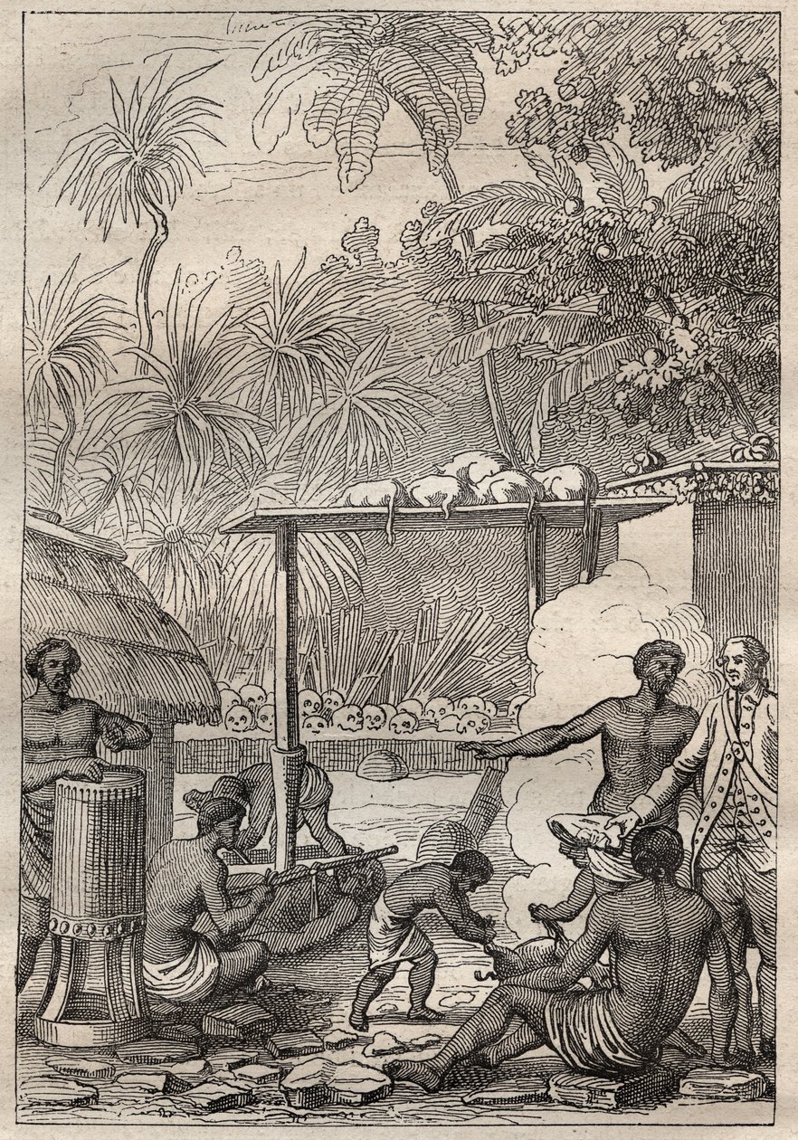 Tredje resan (1776-1779) av kapten James Cook (1728-1779): människooffer till Tahiti - illustration hämtad från "The Great Mariners of the 18th century"" av Unknown artist