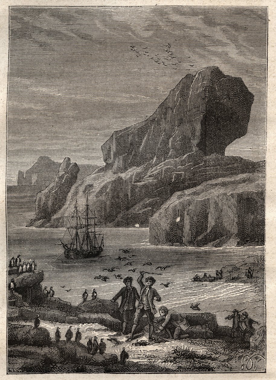 Tredje resan (1776-1779) av kapten James Cook (1728-1779): öarna Kerguelen (Kerguelens skärgård, Antarktis) - illustration hämtad från "" The Great Mariners of the 18th century"" av Unknown artist