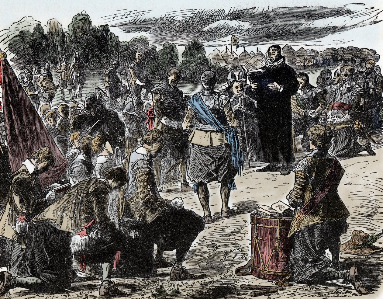 Trettioåriga kriget: Svenskar vid bön före slaget vid Luetzen - Trettioåriga kriget (1618-1648): Sveriges kung Gustave II Adolphe (1594-1632) och hans trupper samlas för ett religiöst firande före slaget vid Lutzen (1632) av Unknown artist