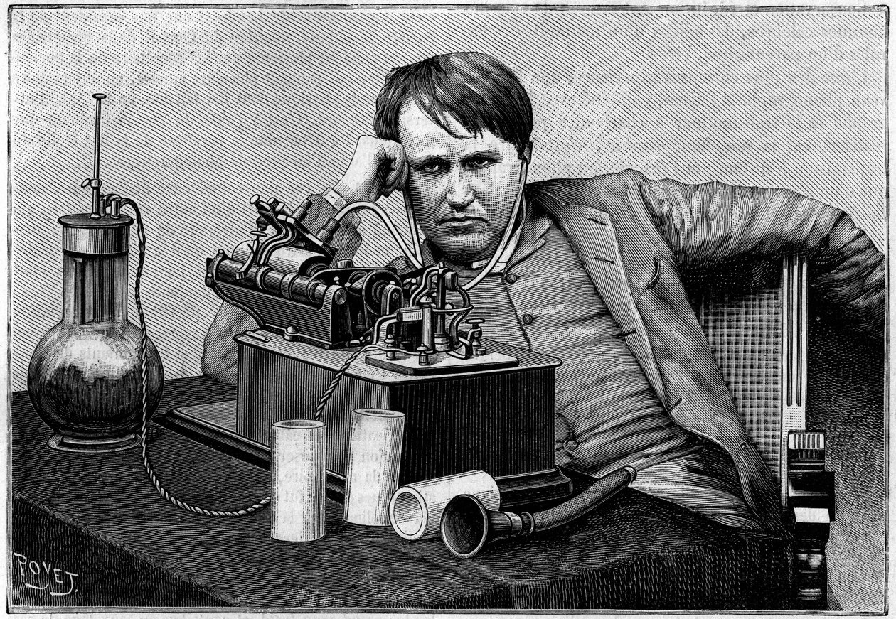 Thomas Edison (1847-1931), amerikansk fysiker, i New York, hörde det första "fonogrammet" skickat från England. (Från ett fotografi som kommunicerats till "La Nature" av överste Gouraud). Gravyr i "" La Nature: revue des sciences et de leurs applications a av Unknown artist