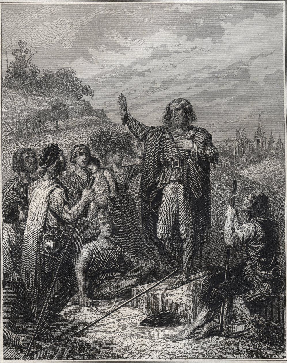 Thomas Muntzer Preaching - Thomas Muntzer (Munzer) (1489-1525) undervisar i sin doktrin - Gravyr i "Les Fastes Populaires, eller Historia om folkets heroiska handlingar och deras inflytande på vetenskapen, konsten, industrin och jordbruket" av Alphonse E av Unknown artist