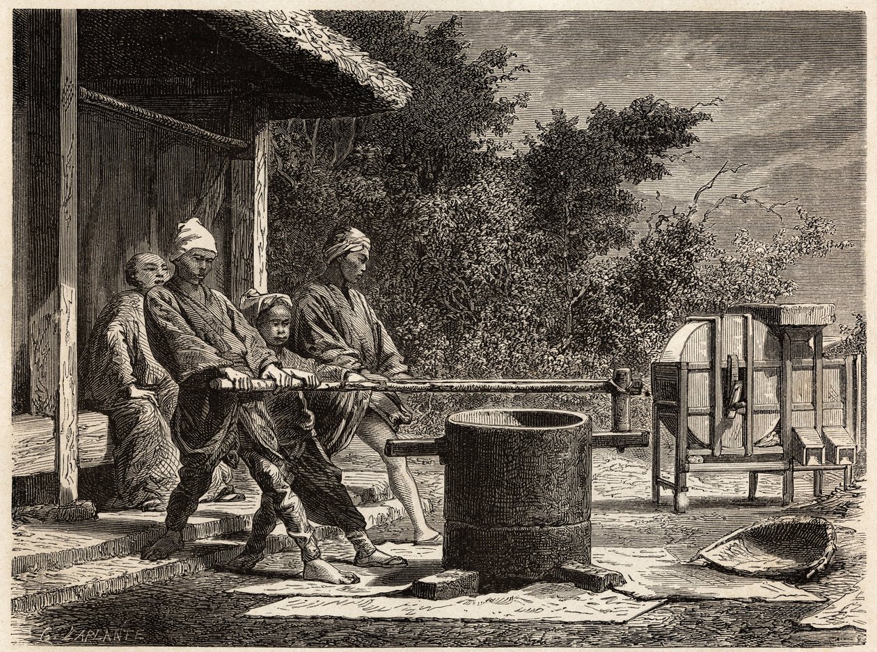 Tre bönder som driver riskvarnen. Gravyr för att illustrera resan till Japan 1863-1864, av Aime Humbert, minister för Schweiziska edsförbundet, i "Le tour du monde, nouveau journal des voyages", publicerad under ledning av Edouard Charton av Unknown artist