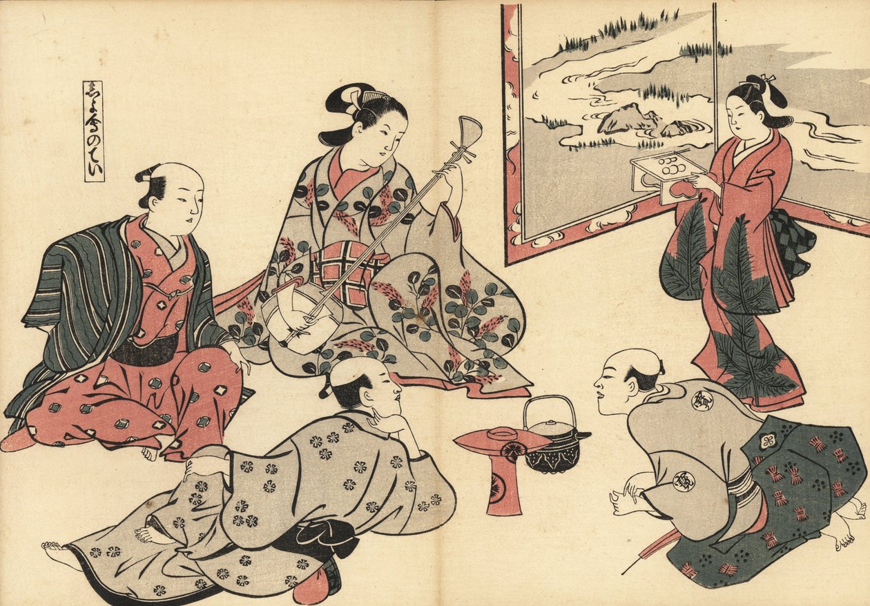 Tre samurajer lyssnar på en kurtisan som spelar shamisen, medan en kamuro kommer med mat på en bricka. Träblockstryck av Masanobu Okumura (1686-1764) från Fuzoku Emakimono, Picture Scroll of the Water Trade, Tokyo, omtryck cirka 1880. av Unknown artist
