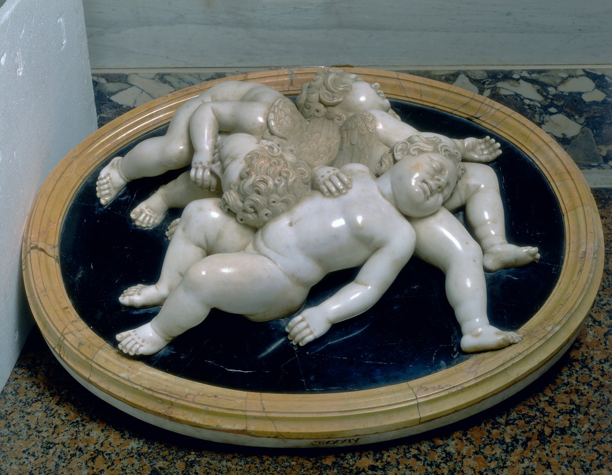 Tre sovande putti av Unknown artist