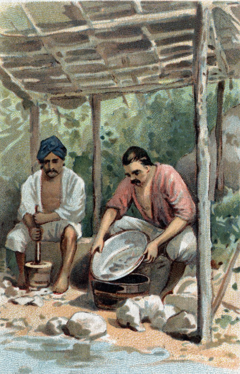 Plåtskrubber i Malacka (Malacka), Malaysia. Kromolitografi från slutet av 1800-talet. av Unknown artist