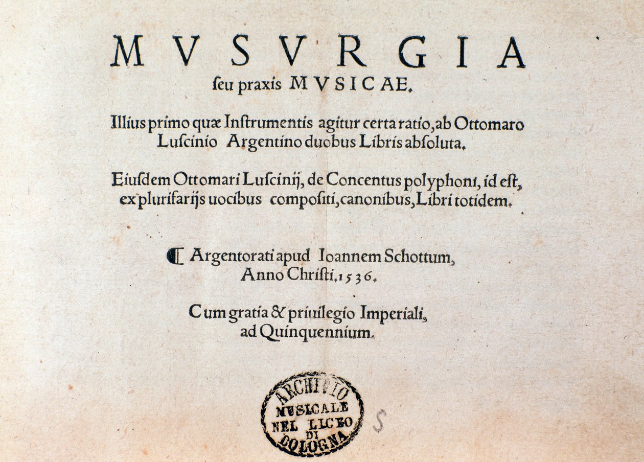 Titelsidan för Musurgias praktiska handbok för musik (1536) av Unknown artist