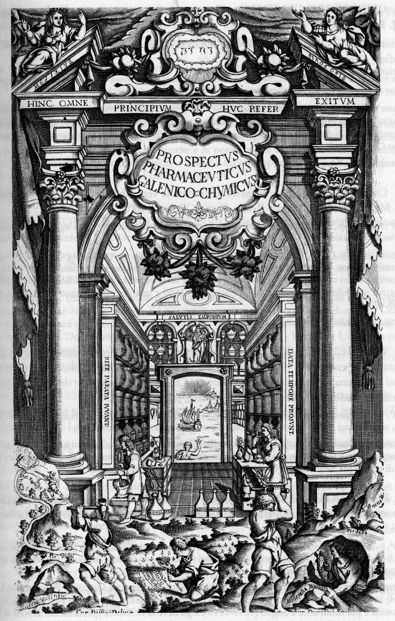 Titelsidan för "" PROSPEKTET FÖR PHARMUNICI, under vilket Galen-Chemicum från MILAN ANTIDOTARY av Unknown artist
