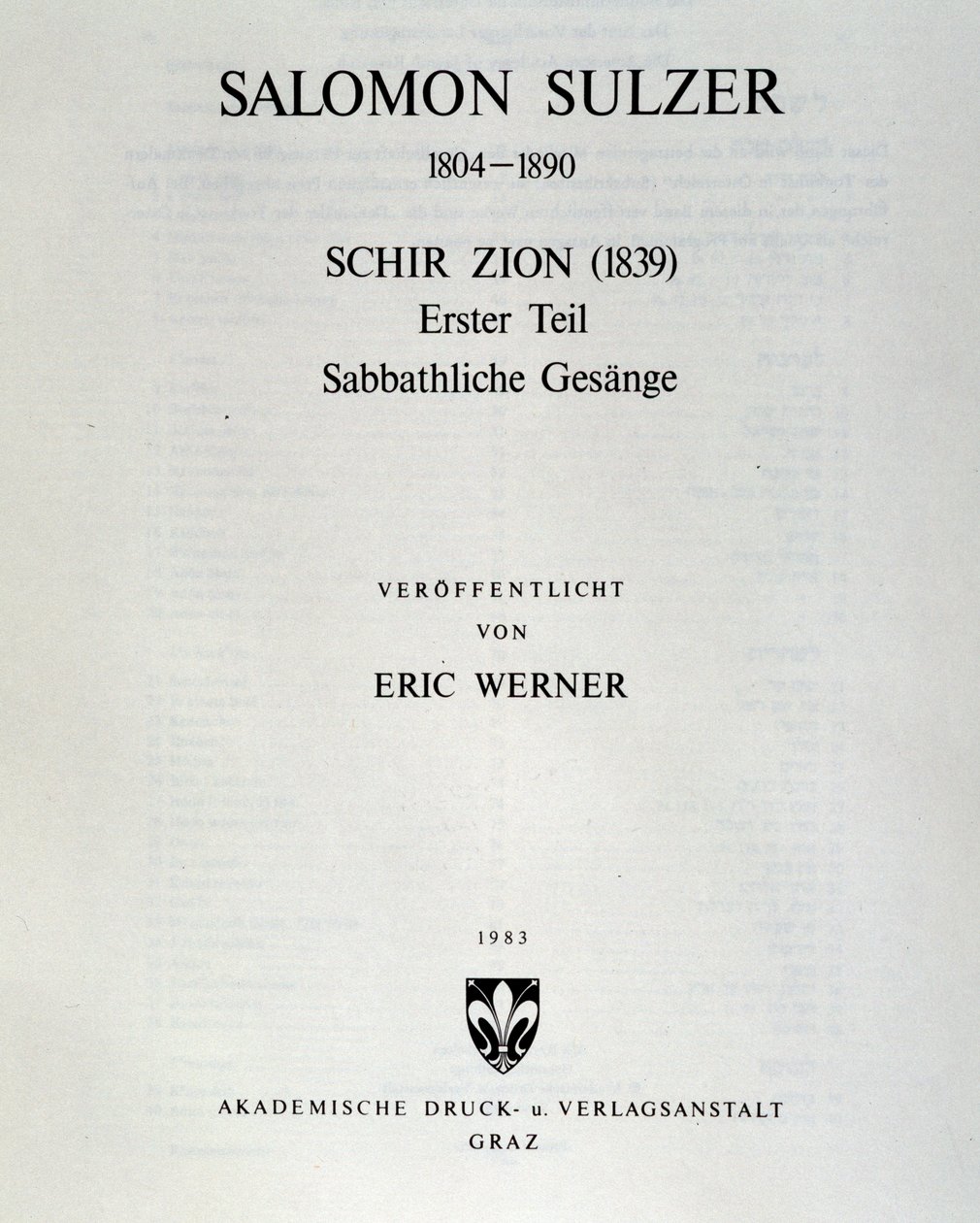 Titelsidan för Schir zion av Salomon Sulzer av Unknown artist