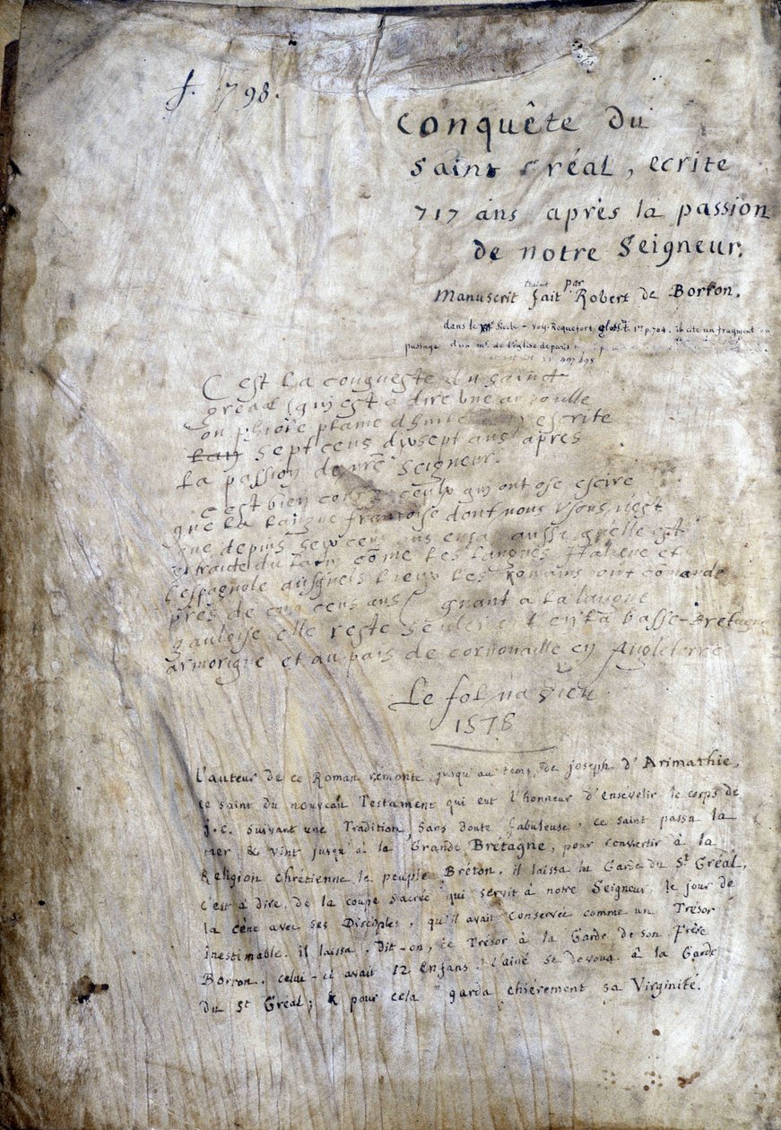 Titelsidan för ett manuskript: Erövringen av Saint Gréal, skriven 717 år efter vår herres passion. Bibliotheque Municipale de Rennes, ms. 255 (Samling av romaner av det runda bordet); Paris av Unknown artist