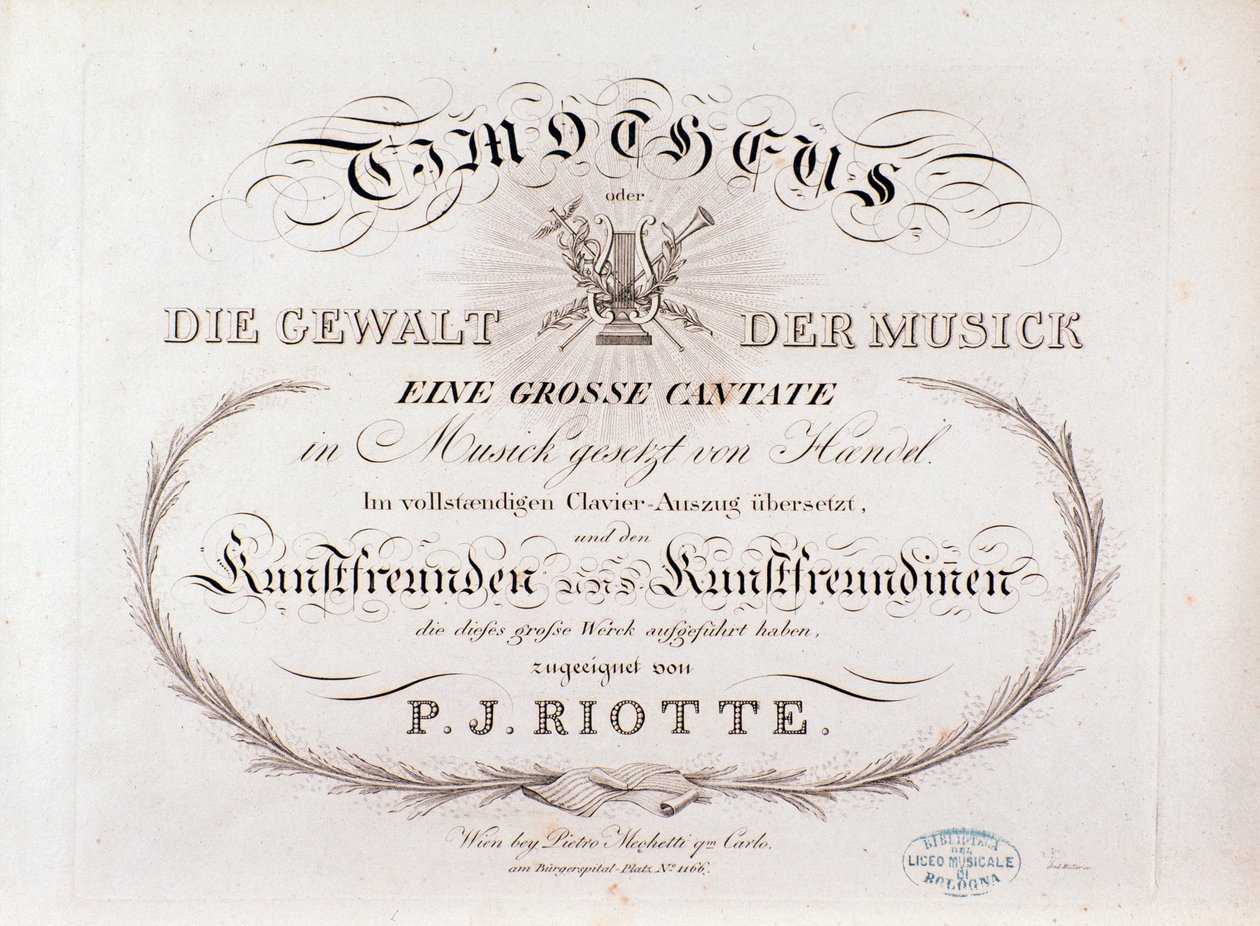 Titelsida för musikaliska partitur av Timotheus av GF Handel (1812) av Unknown artist
