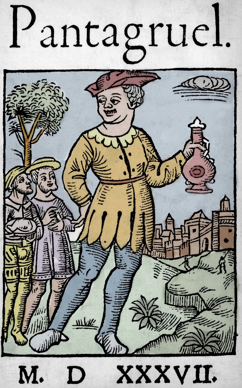 Titelsidan för 1537 års upplaga av Pantagruel, av Francois Rabelais - Jätten Pantagruel och två av hans apostlar, från 