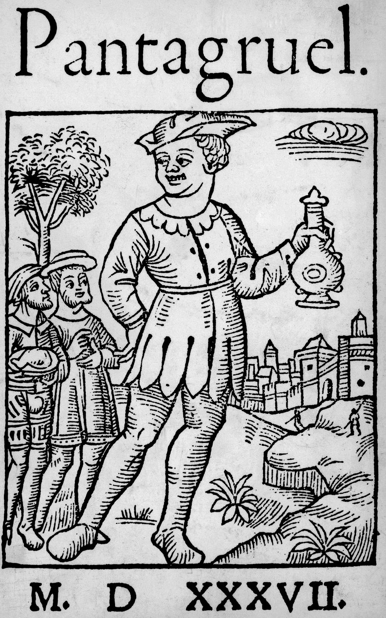 Titelsidan för 1537 års upplaga av Pantagruel, av Francois Rabelais - Jätten Pantagruel och två av hans apostlar, från 