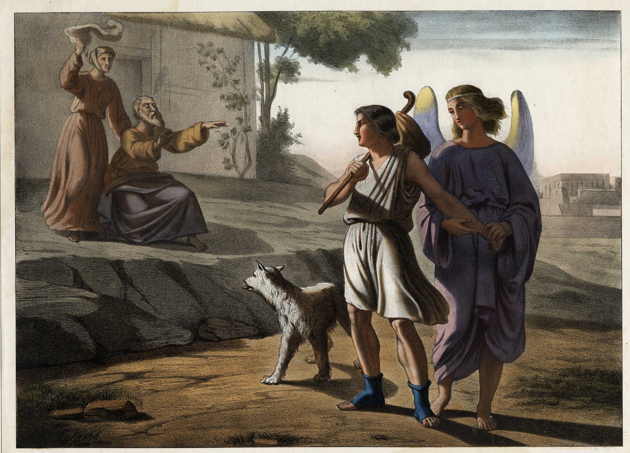 Tobies avgång åtföljd av ängeln (hans föräldrar hälsar honom, inklusive Tobit, hans far). Anonym gravyr från mitten av 1800-talet. av Unknown artist