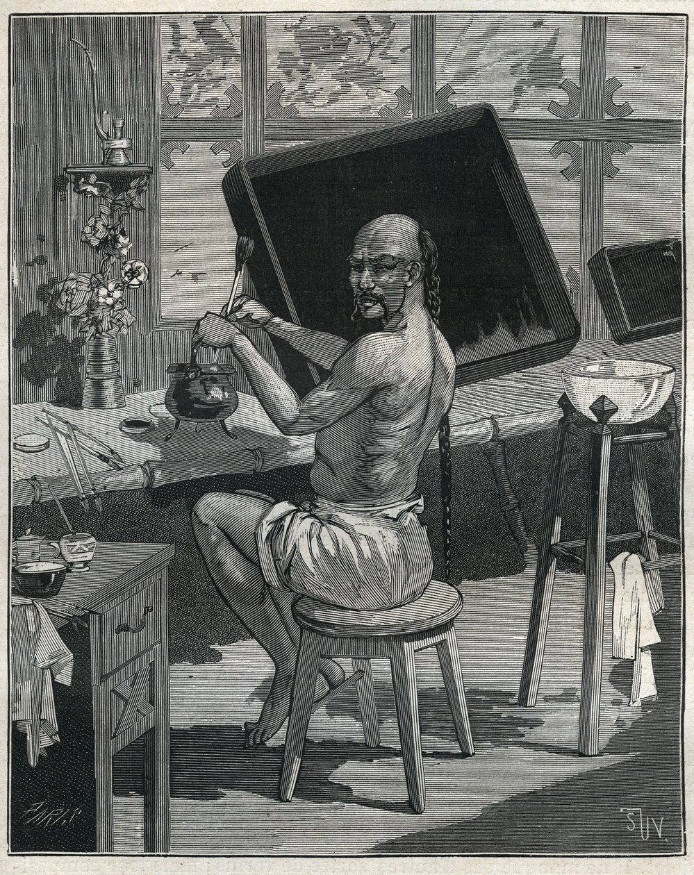 Tong oljelacker i Kina. Gravyr från 1885 i "" Les arts et metiers illustres"" av Adolphe BITARD. av Unknown artist